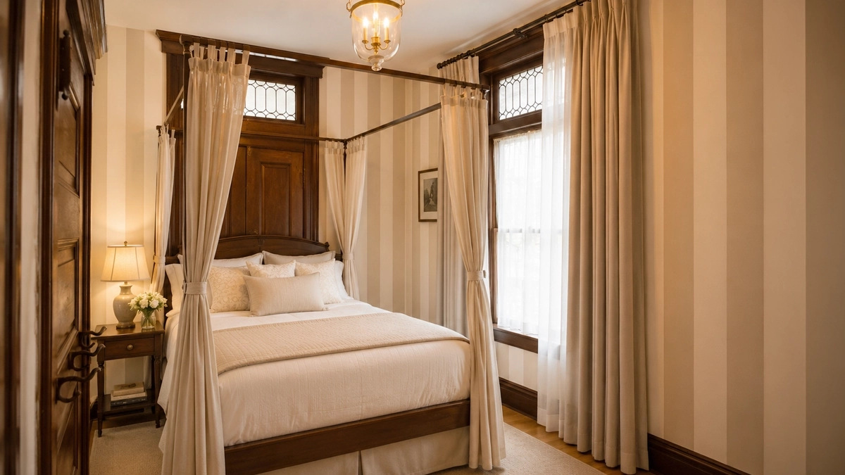 Guest room at Idylease Bed and Breakfast with four-poster bed and historic woodwork