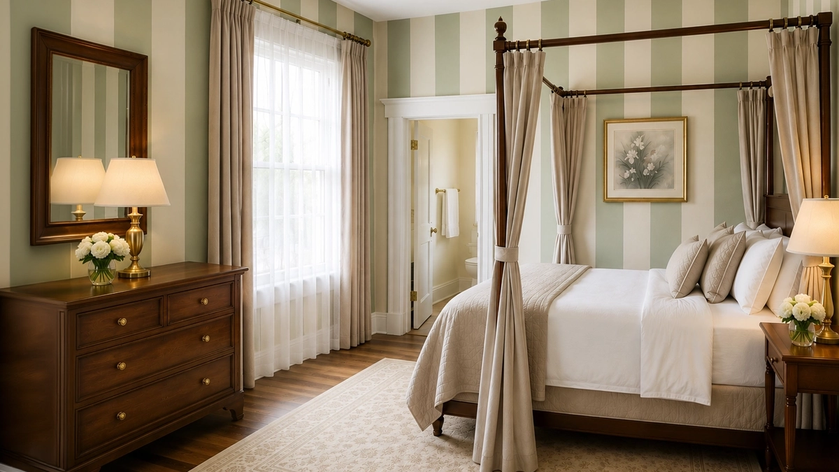 Guest room at Idylease Bed and Breakfast with striped walls and four-poster bed
