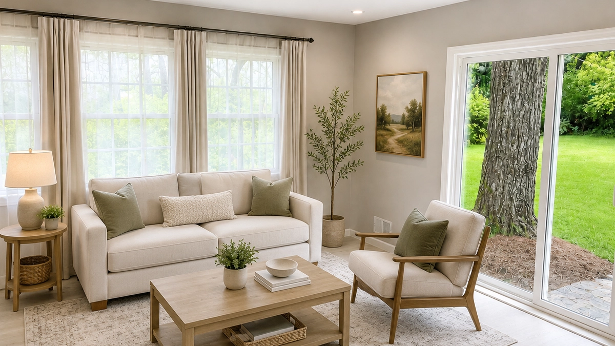 Staged living room interior at Idylease Cottage One with garden views