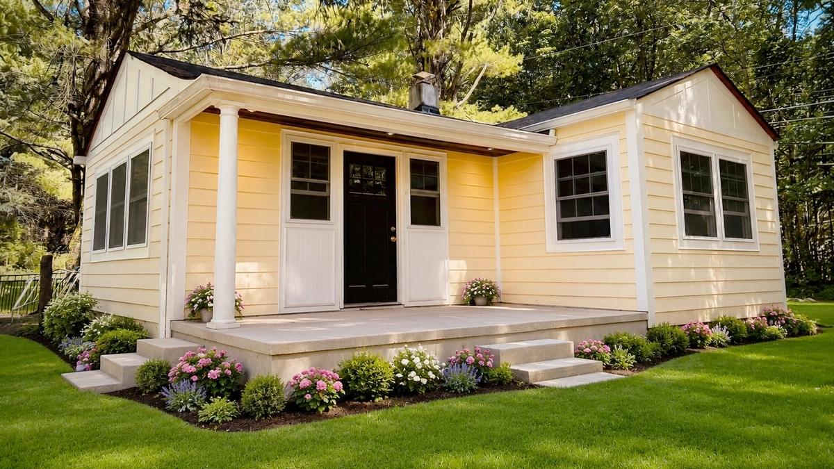 Exterior of Idylease Cottage One with landscaped garden and manicured lawn