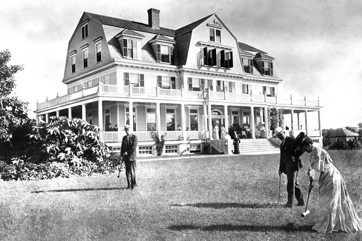 Historic Idylease with guests on the lawn in Newfoundland, New Jersey