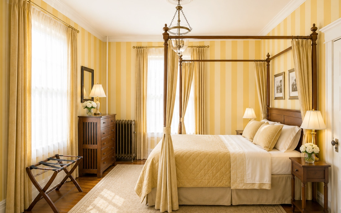 Idylease guest room with four-poster bed, warm striped walls and traditional furnishings
